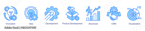 Innovation and development web banner icon vector illustration for creative growth with innovation, ideas, visualization, advanced tools, CRM, and product development icons.