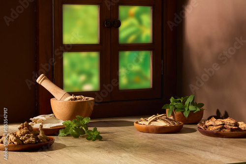 Photography Rustic still life of dried herbs, roots, and natural ingredients arranged on wooden table near a window