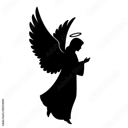 Silhouette of an angel with wings and halo in a simple design