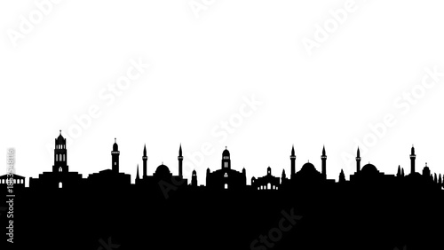 A striking black silhouette of a city skyline with multiple towers