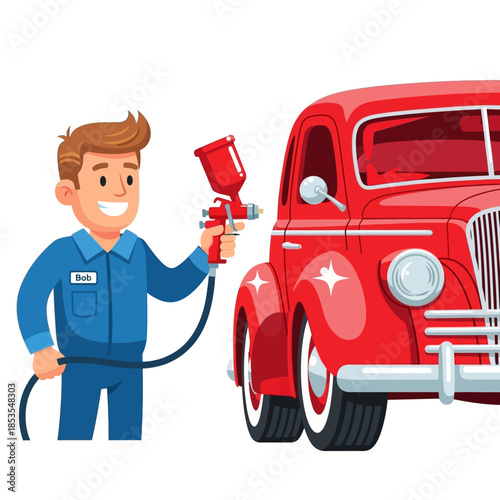 A mechanic cheerfully painting a classic red car with a spray gun