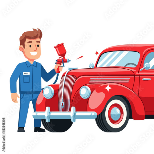 Cartoon illustration of an auto body worker painting a classic red car