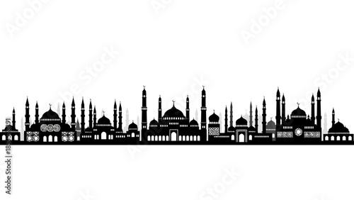 Silhouette of a city skyline featuring ornate domes and minarets