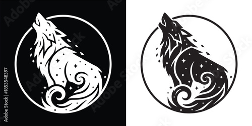 Howling Wolf Silhouette with Stars and Moon Galaxy Theme