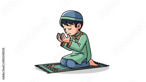 A young boy in traditional clothing respectfully praying on a rug