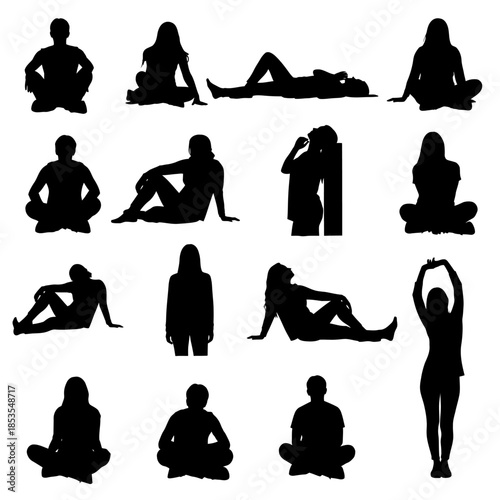 Silhouettes of people practicing various yoga poses and meditative postures