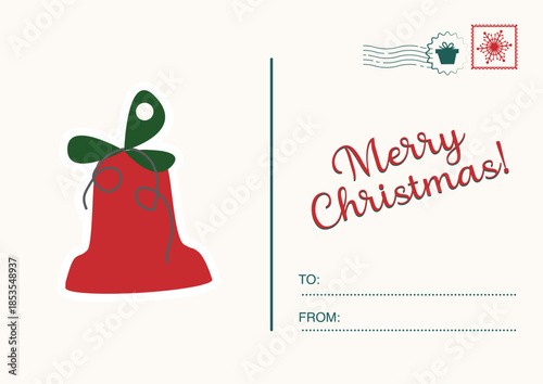 Retro Christmas postcard with a decorated evergreen tree and "Merry Christmas" text