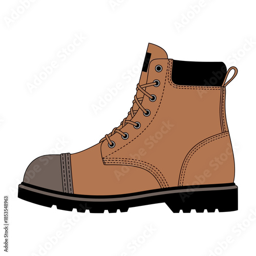 A detailed illustration of a brown leather work boot with black sole