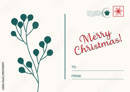 Retro Christmas postcard with a decorated evergreen tree and "Merry Christmas" text