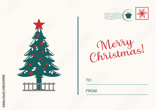 Retro Christmas postcard with a decorated evergreen tree and "Merry Christmas" text