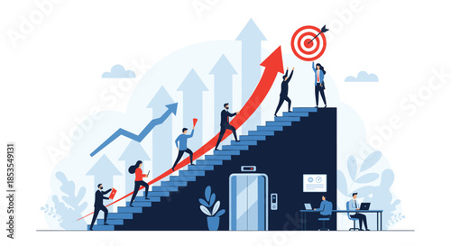 Business team climbing stairs toward a target, symbolizing career growth, teamwork, ambition, and achieving business goals together.
