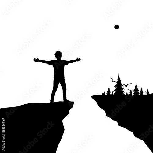 Silhouette of a person with arms outstretched on a cliff edge