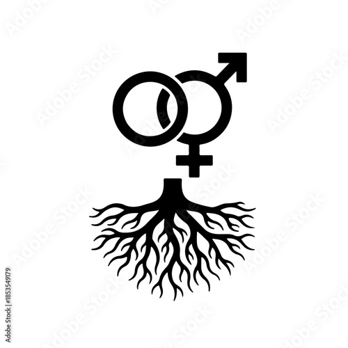 icon featuring male and female child symbols with strong roots growing from the base. symbolizes children as the foundation of the future, emphasizing the importance of nurturing and grounding the nex