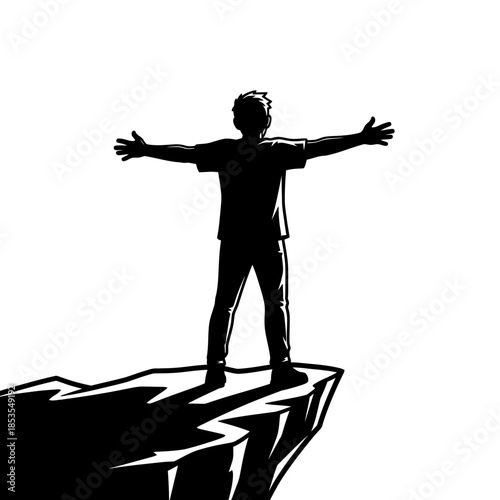 Silhouette of a person with arms outstretched on a rocky cliff