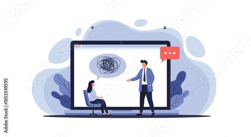 Online psychotherapy and mental health counseling concept with a psychologist helping a patient untangle complex thoughts on a laptop screen.