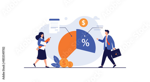 Business analytics and financial consulting concept with professionals discussing a pie chart showing percentages and dollar signs.