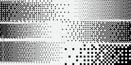 Pixel textures. Pixel disintegration background. Pixel effect. Dispersed dotted pattern. Disintegration Concept. Set pixel mosaic textures