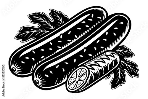 realistic luxury flat illustration of German sausage with mustard, smooth casing texture, rich warm color palette, clean flat shading with realistic volume, premium European food illustration