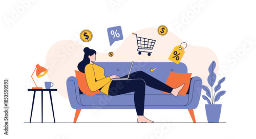 Woman relaxing on a couch and shopping online with her laptop, surrounded by icons like shopping carts, price tags, and coins.
