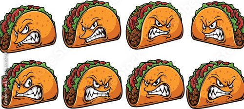 Angry taco cartoon faces collection illustration, funny Mexican food mascots with aggressive expressions isolated on white background vector set design