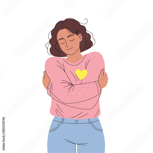 Young woman embracing herself with a smile in a casual outfit  