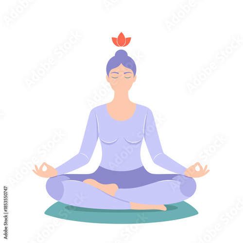 Young woman meditating in yoga pose with lotus flower on head  