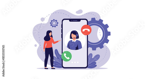 Customer service and support center concept with a call operator in a headset on a smartphone screen providing online assistance.