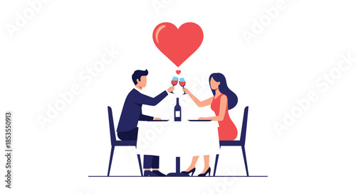 Romantic couple on a dinner date, clinking wine glasses in a toast under a large red heart, celebrating love and affection.