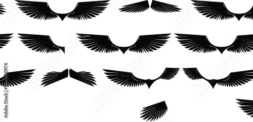 Black angel wings silhouette set, bird feather wing collection, flying designs, tattoo logo vector elements, isolated white background illustration symbols