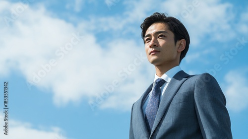 青空の下で遠くを見つめるビジネスマン、未来へのビジョンと野心
