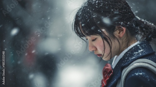 雪の中でうつむく女子高生、冬の寒さと切ない感情