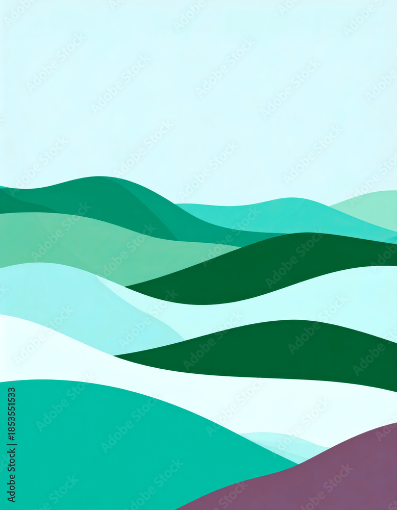 Obraz premium Abstract spring landscape with soft flowing shapes in green, mint, and lavender tones. Modern, nature-inspired illustration featuring an airy composition and a calm, wellness aesthetic.