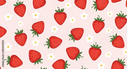 Cute seamless pattern with red strawberries and small white flowers on a pastel pink background, perfect for summer textile designs.