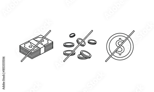 No money no cash no payment icon set crossed out currency symbols
