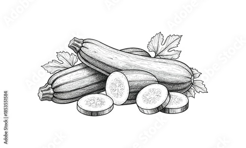 Zucchini squash with sliced pieces and leaves hand drawn sketch vector illustration