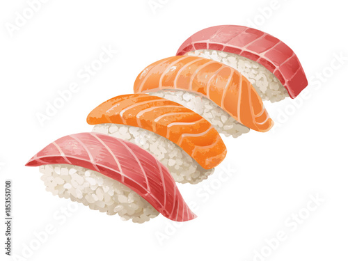 realistic luxury flat sushi nigiri set with salmon and tuna, refined rice texture, balanced shadows and highlights, minimal yet realistic color tones, premium Japanese cuisine illustration