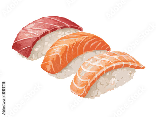 realistic luxury flat sushi nigiri set with salmon and tuna, refined rice texture, balanced shadows and highlights, minimal yet realistic color tones, premium Japanese cuisine illustration