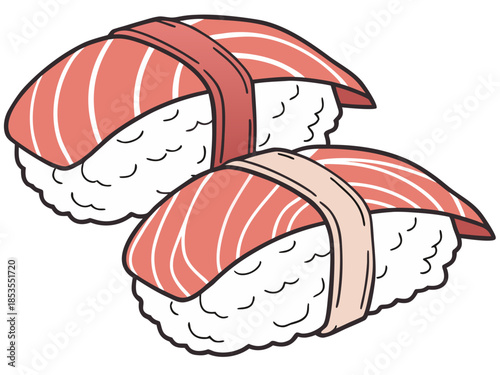 realistic luxury flat sushi nigiri set with salmon and tuna, refined rice texture, balanced shadows and highlights, minimal yet realistic color tones, premium Japanese cuisine illustration