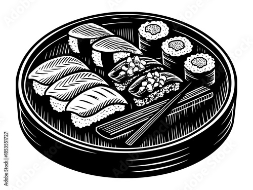 realistic luxury flat sushi nigiri set with salmon and tuna, refined rice texture, balanced shadows and highlights, minimal yet realistic color tones, premium Japanese cuisine illustration