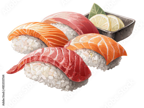 realistic luxury flat sushi nigiri set with salmon and tuna, refined rice texture, balanced shadows and highlights, minimal yet realistic color tones, premium Japanese cuisine illustration
