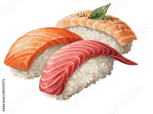 realistic luxury flat sushi nigiri set with salmon and tuna, refined rice texture, balanced shadows and highlights, minimal yet realistic color tones, premium Japanese cuisine illustration