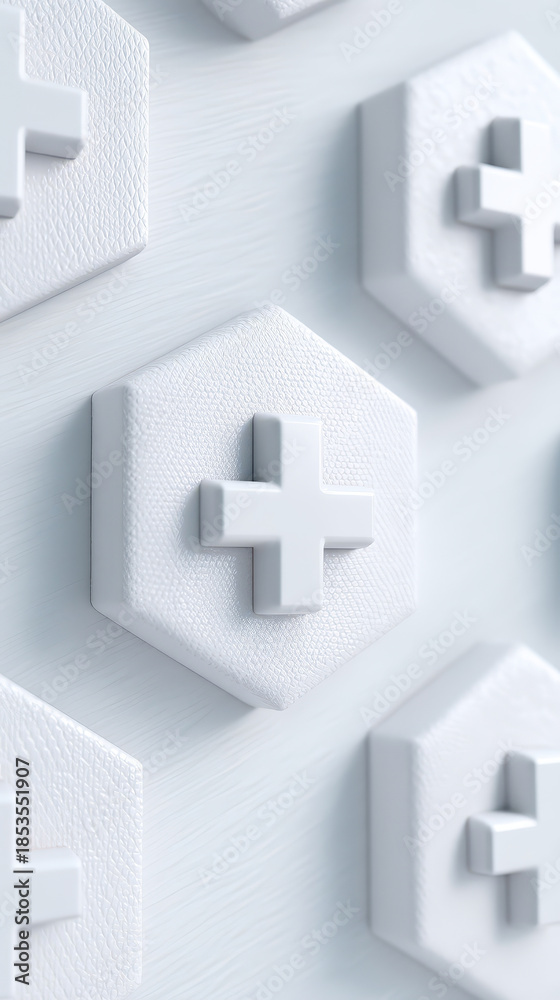 Obraz premium Minimal white medical background with embossed hexagon tile and cross symbol evoking sterile design and healthcare calm