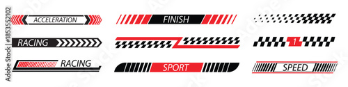 Sport racing stripes icon set vector. turbo power, speed and drift vinyl decal for car bike and truck. checkered flag and sport themes symbol. vector illustration.