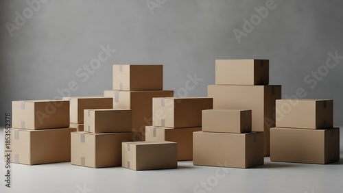 A collection of various sized cardboard boxes stacked on a white surface against a plain grey background, ready for shipping or storage.
