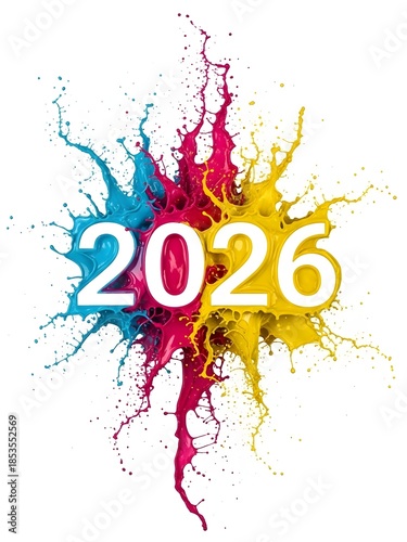 Colorful paint splashes forming 2026 on white background