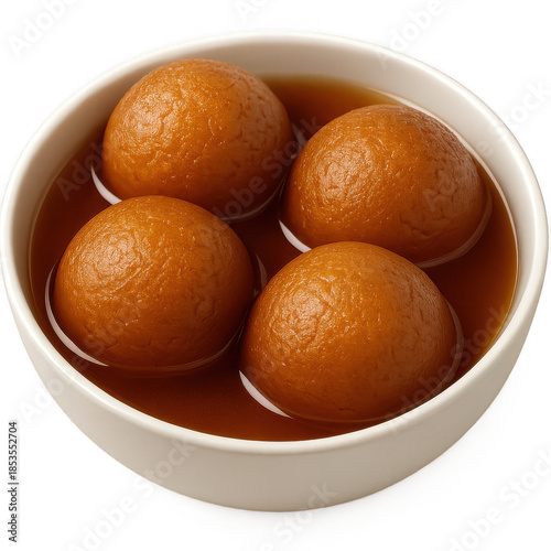 Gulab Jamun in Sugar Syrup Bowl, Traditional Indian Sweet Dessert 3D Food Illustration Isolated on Transparent Background