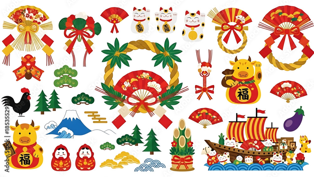 Fototapeta premium Japanese New Year 2026 Vector Illustration Set – Year of the Horse, Traditional Decorations, Greeting Cards and Seasonal Elements 