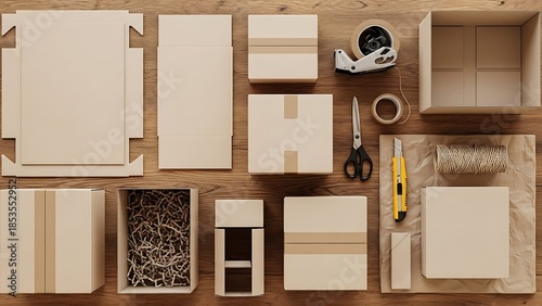 Overhead view of various packaging supplies and cardboard boxes laid out on a wooden table, ready for shipping.
