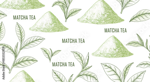 Seamless pattern with hand-drawn matcha green tea powder and leaves, creating a vintage-style background for healthy beverage concepts.
