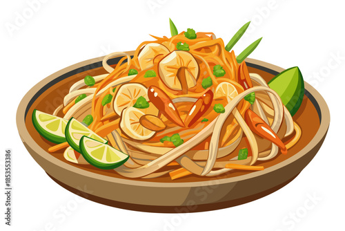 luxury realistic flat Pad Thai illustration, glossy noodles, shrimp and peanuts with natural tones, balanced flat lighting and realistic detail, premium Thai cuisine artwork